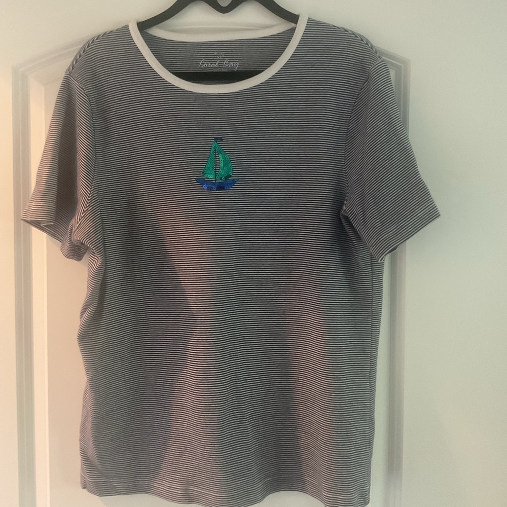 Coastal Crewneck Striped Tee with Sailboat Embroidery - Black/White XL